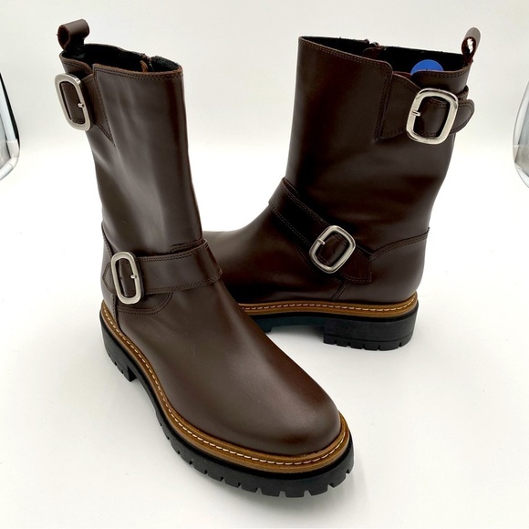 Fabianelli Leather Double Buckle Chunky Mid Lug Boots Brown U376 Size 7.5 (NWOT) - Picture 1 of 11